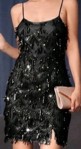 Adult Female Costumes to Hire - GATSBY black sequin dress with slit - LARGE